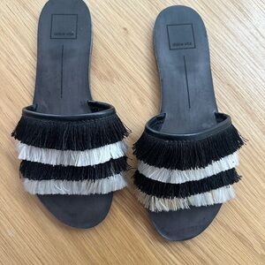 Dolce Vita Black and White Fringe Slide Sandals